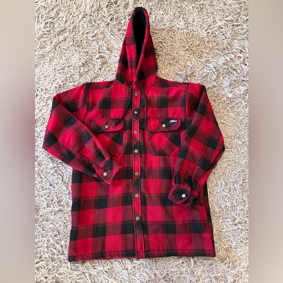 Dickies Fleece Lined Red Buffalo Plaid Hooded Snap Mens Jacket Shacket S 34-36 - Picture 1 of 4